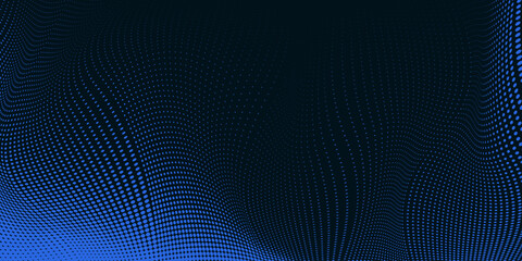 Abstract Blue Halftone Gradient on Dark Blue Background. Dynamic dotted pattern with smooth transitions and modern wave effects. Perfect for creative posters, social media graphics, branding, and web