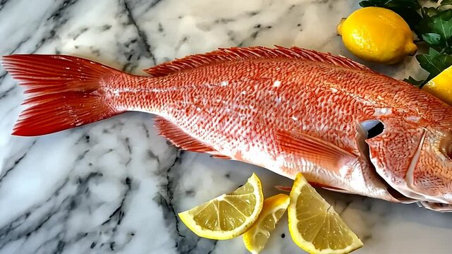 Fresh red snapper on marble with lemons and parsley