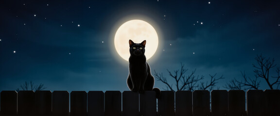Black cat sitting on a fence under a full moon at night  