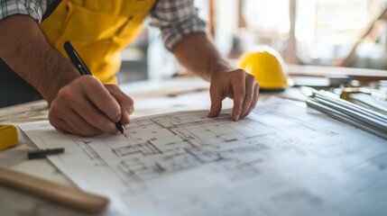 A construction worker reading building plans at a site. Featuring focus and planning