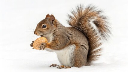 Obraz premium Squirrel on Snow with Nut in Paws and Bushy Tail