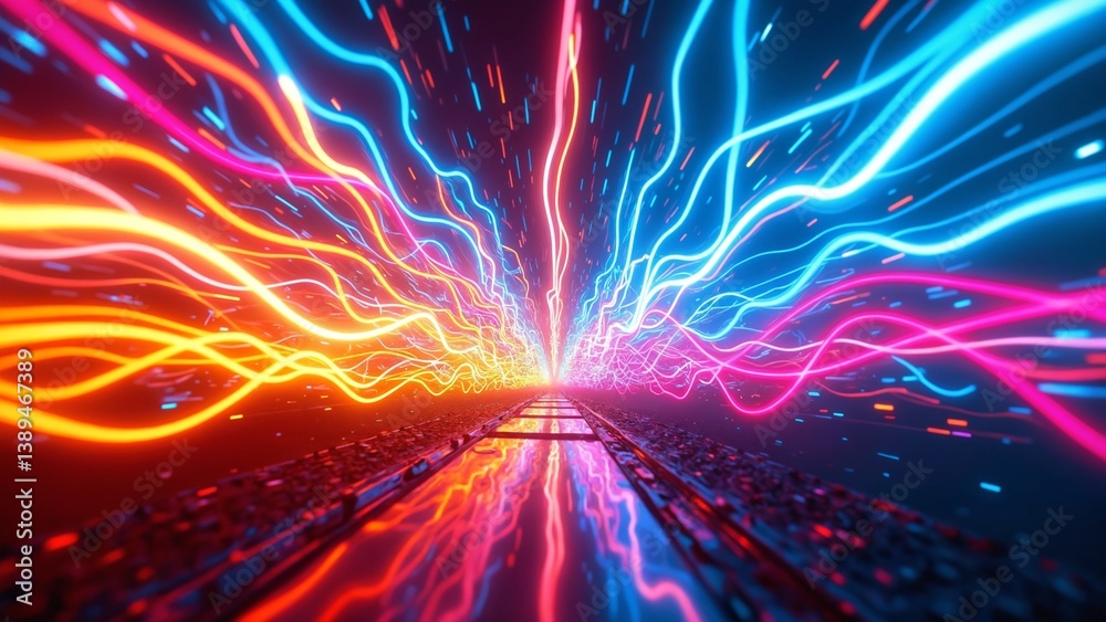 Poster a vibrant, abstract representation of flowing light trails in a digital landscape
