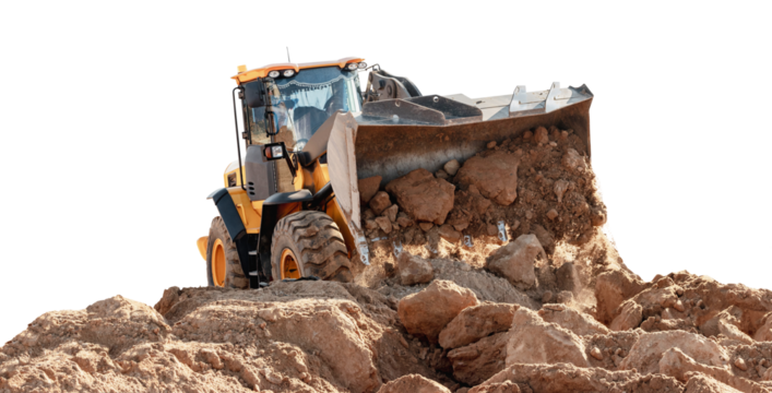 Bulldozer or loader moves the earth at the construction site. The equipment is isolated against a white background. An earthmoving machine is leveling the site.