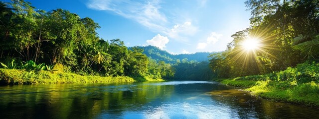Fototapeta premium Serene River Surrounded by Lush Green Forest Under Blue Sky