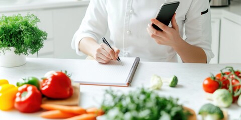 Caucasian man chef working in the white kitchen and using smartphone. Searching for recipe. Chef in a white uniform using technologies during cooking food. Phone call. Cook making an online order
