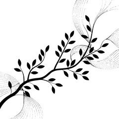 Minimalist Black Branch & Leaves on White Background - Vector Art