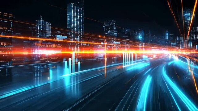 Futuristic highway data flow, city night