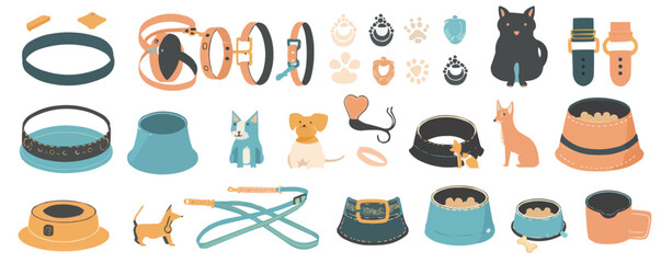 Stylized pet accessories and animals collection with bowls, collars, leashes, and toys.