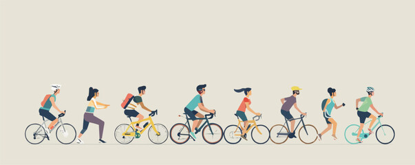 Group of diverse people cycling and running in minimalist style.
