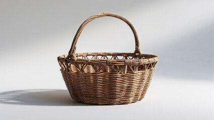 Fototapeta premium Rustic Wicker Basket With Handle For Storage Or Decoration On White Background
