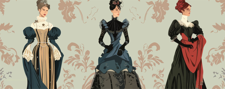 Victorian-era fashion illustrations of women in elegant gowns with intricate details.