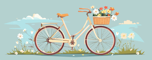 Fototapeta premium Vintage bicycle with flower basket in scenic meadow.