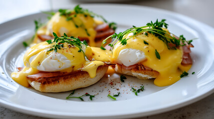 Eggs Benedict served on toasted English muffins with poached eggs, ham, and creamy hollandaise sauce, garnished with fresh herbs for delicious breakfast or brunch