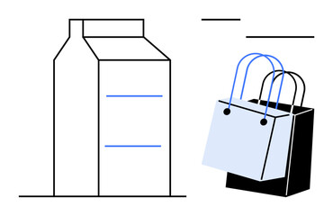 Milk carton next to two shopping bags with blue handles, simple line art design. Ideal for themes thumbs up retail, groceries, shopping, supply chain, consumer goods, minimalism, modern lifestyle