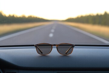 Sunglasses resting on dashboard, symbolizing freedom and adventu