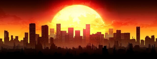 Sunrise over Urban Skyline with Silhouetted Buildings and Clouds