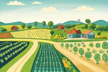 Illustrated rural landscape depicting farmhouses, fields of various crops including rows of what appear to be cabbage or similar plants, dirt roads, and a variety of trees and shrubs