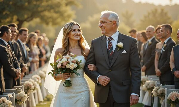 Smiling caucasian bride walking down the aisle with father holding bouquet, sunny outdoor ceremony. Concept of family love and tradition