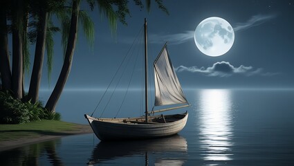 A moon is   sitting  on river with beautifull view