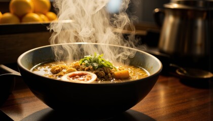 Steaming Bowl of Ramen with Tasty Garnish on Wooden Table  