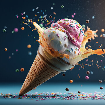 Colorful Ice Cream Cone with Sugar Sprinkles on defocused Black Background exploding cinematic view 