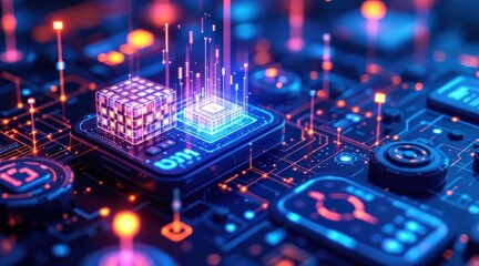 Futuristic digital circuit with glowing elements and abstract data visualization, showcasing technology and innovation.