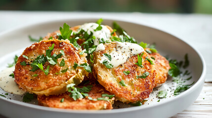 Crispy fried green tomatoes garnished with fresh parsley and drizzled with creamy sauce, served on white plate, creating delicious and comforting dish