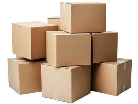 Shipping action with cardboard boxes on cutout background studio environment close-up view for creative projects