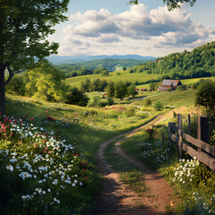 Idyllic Countryside Retreat: Lush Hills, Wildflowers, and a Rustic Farmhouse Under a Vast Sky