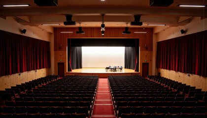Naklejka premium Empty auditorium with stage and red curtains awaiting performance 