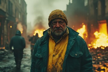 Naklejka premium War-torn man, city street fire