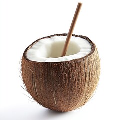 Coconut collection on white and tropical backgrounds – Whole and halved coconuts, wooden crates, brown shells, and exotic tropical fruit for food, cosmetic, and wellness use