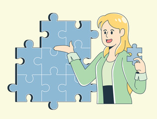 Confident female assistant presenting a creative idea represented by a puzzle. She is holding the final puzzle piece with optimism, symbolizing innovation, problem solving, and brainstorming concepts.