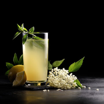 homemade tea drink lemonade lemon juice with white elderberry syrup on a black background