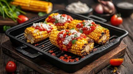 Sweet Grilled Corn on the Cob with a Zesty Roasted Tomato Sauce and Melted Monterey Jack Cheese