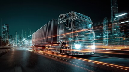 Fototapeta premium Double Exposure of Truck in Motion Through City Lights at Night
