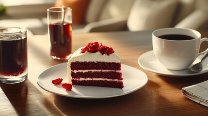 Red Velvet Cake Slice with Coffee and Juice on Wooden Table