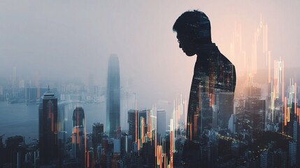 Double Exposure of Businessman with Hong Kong City Skyline
