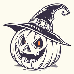Classic Jack-o'-Lantern with Witch Hat and Glowing Face &ndash; Vintage Halloween Vector Art