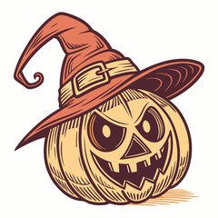 Classic Jack-o'-Lantern with Witch Hat and Glowing Face – Vintage Halloween Vector Art