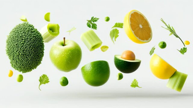 Flying fruits and vegetables including avocado, lemon, apple, broccoli, celery and herbs in mid-air. 4K video