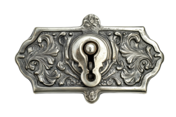 Antique ornate silver lock detail intricate floral design keyhole focus vintage aesthetic close up