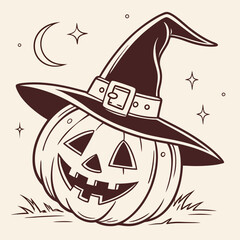 Classic Jack-o'-Lantern with Witch Hat and Glowing Face – Vintage Halloween Vector Art