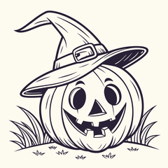 Classic Jack-o'-Lantern with Witch Hat and Glowing Face – Vintage Halloween Vector Art