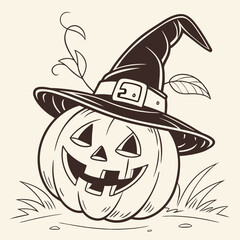 Classic Jack-o'-Lantern with Witch Hat and Glowing Face – Vintage Halloween Vector Art