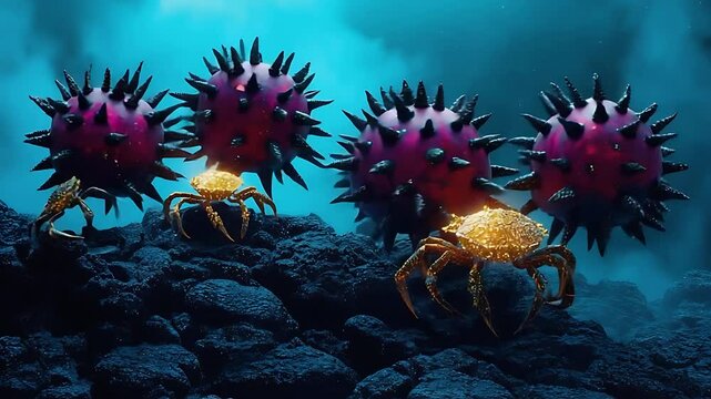 Microscopic crabs near spiky virus spheres on dark terrain