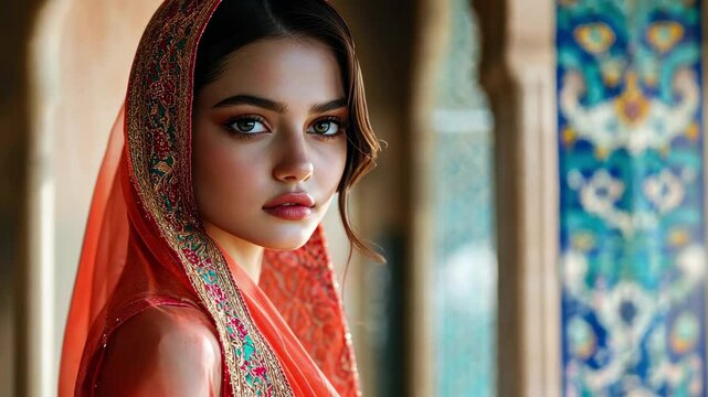 Beautiful woman in vibrant sari poses inside an Islamic mosque with intricate architecture, Beautiful woman in sari inside Islam Mosque, fashion model