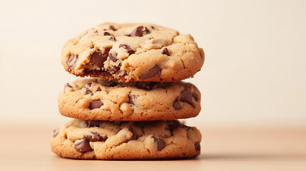 Stack of three freshly baked chocolate chip cookies on wooden surface, showcasing golden brown texture and gooey chocolate chips, evoking warm and comforting feeling