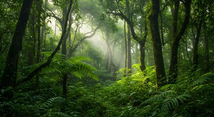Obraz premium Lush Rainforest Sunlight Filtering Through Dense Canopy, Tropical Forest Scene