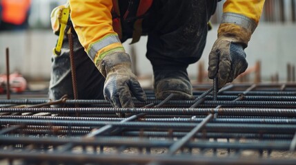 A construction worker securing steel reinforcement at a building site. Featuring precision and strength